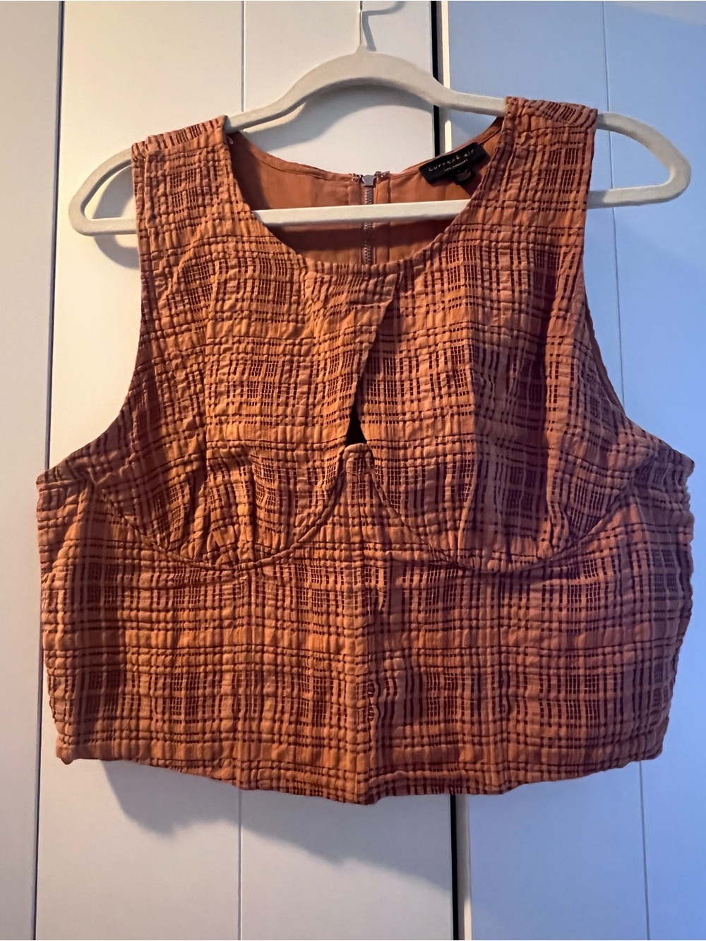 Anthropologie Rust Gingham Sleeveless Crop Top with wire cup and cut out
